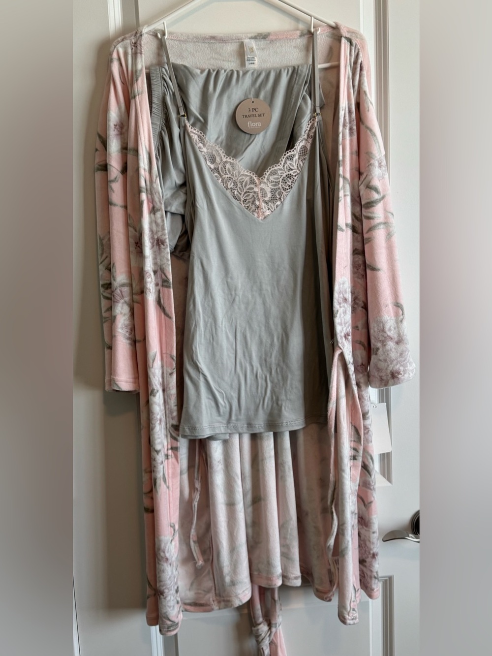 3-Piece Women's Pajama Set - Grey Cami, Shorts & Pink Floral Robe